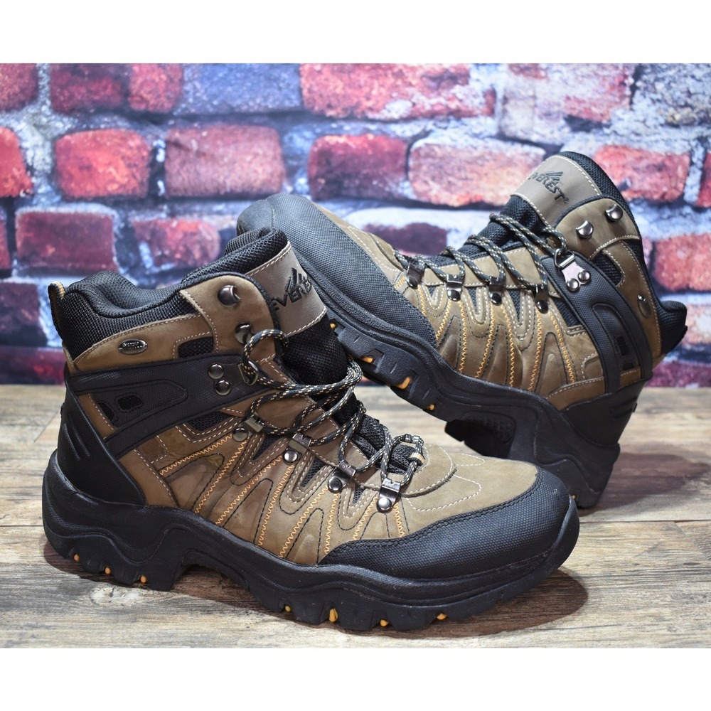 Everest Mens Brown Black Hiking Boots Mid Top Lace Up Rugged Outdoor Shoes